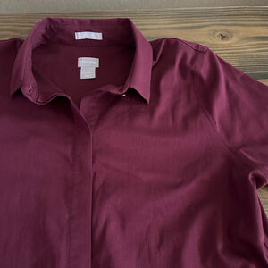 Women’s Chico’s Burgundy No-Iron Stretch Long Button Down Shirt Size 8